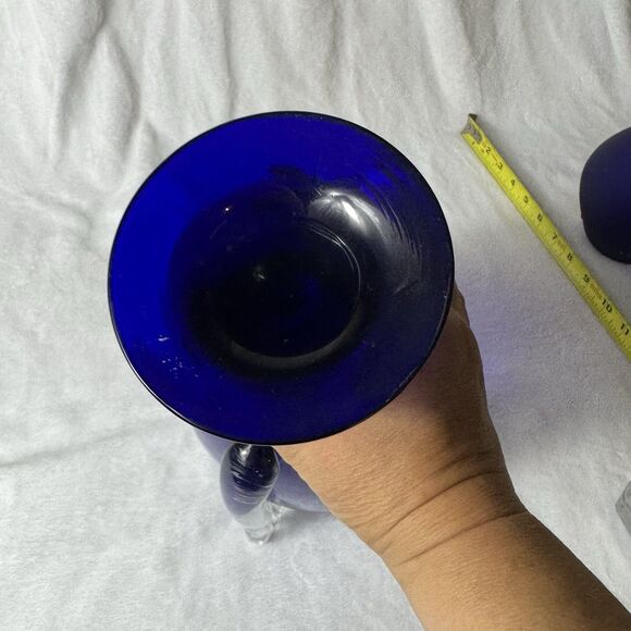 Vintage Cobalt Blue Glass Trophy Vase with Clear Handles 13" - Picture 5 of 10